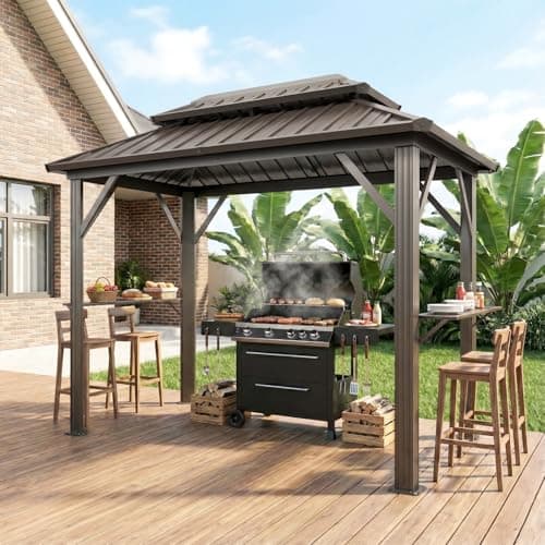 DSNAPE 10' x 6' Grill Gazebo with Double Galvanized Steel Roof, Outdoor Metal BBQ Gazebo Hardtop Permanent Grill Canopy with Side Shelves and Ceiling Hooks for Patio Garden Deck Lawn Backyard (Brown)