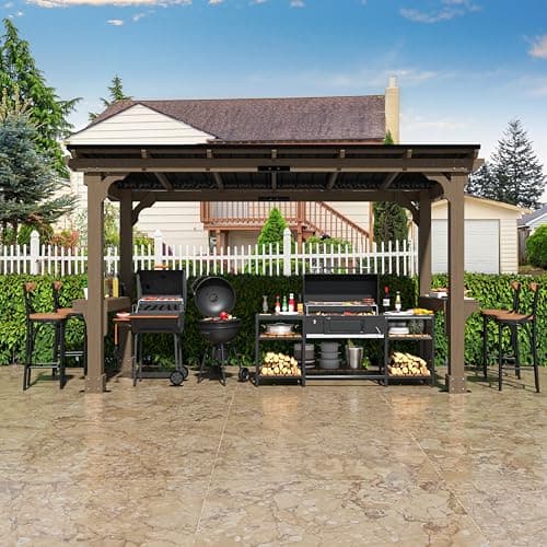 VEIKOU 6’x13’ BBQ Grill Gazebo Shelter with Galvanized Steel Roof, Cedar Frame, Patio Gazebo for Barbecue, Backyard, Garden, Light Mocha Brown