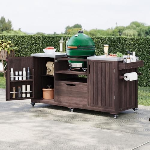 Virubi 66.5" Outdoor Kitchen Island for Big Green Egg Grills, Solid Wood Outdoor Grill Cart with Wheel, Stainless Steel Top, Drawer, Compatible with Large Big Green Egg, Kamado Joe (Dark Brown)