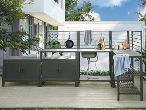 Domi 5-Piece Outdoor Kitchen Island with Storage, Aluminum Kitchen Islands Stainless Steel Sink w/Faucet, Corner Bar Storage Cabinet, Outdoor Kitchen with Protective Cover for Deck, Patio