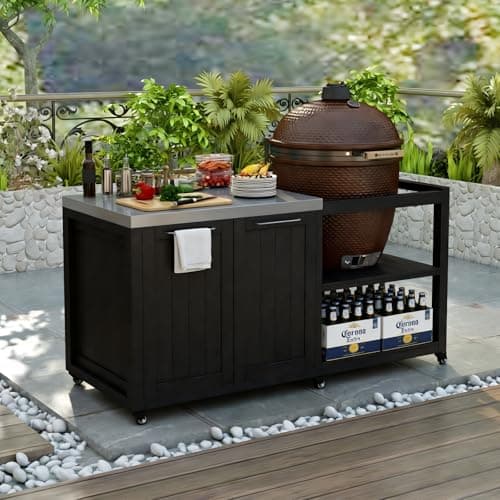 Girarvs Outdoor Grill Table for Large Big Green Egg Style BBQ, Heavy Duty Solid Wood Outdoor Kitchen Island Prep Table with Cabinet, Large Big Green Egg Table with 304 Stainless Steel Tabletop, Black