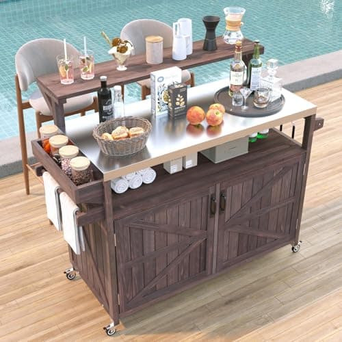 Outdoor Kitchen Island with Stainless Steel Top, 53.3" Rolling Grill Cart with Adjustable Shelves, Raised Shelf, Lockable Wheels, Portable Outdoor Table and Bar Storage Cabinet for Patio