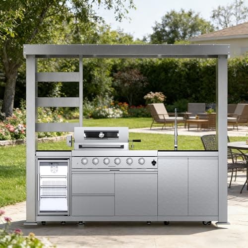 keainvren Prefab Outdoor Kitchen Kits, 6-Burner Barbecue Grill Island with Refrigerator & Rotisserie, All in One Kitchenette & Outdoor Prep Station for Backyard (Silver(110"), Propane Gas)