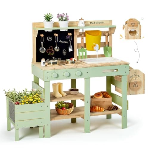 Frogprin Mud Kitchen for Kids, Outdoor Play Kitchen with Insect Observation Box & Planter Box, Kitchen Accessories, Gardening Tool Toy, Removable Sink Faucet, Wooden Pretend Kitchen for Boys Girls 3+