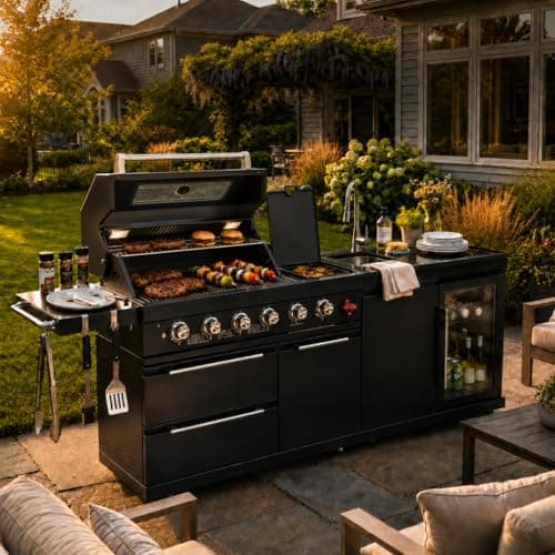 84 Inch Outdoor Kitchen Island Grill, 6 Burner 75300 BTU Propane BBQ Island with Sink, Beverage Refrigerator, Rotisserie Kit, Griddle, SS304 Stainless Steel, Granite Top, Black
