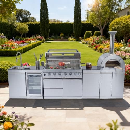 128-Inch Outdoor Kitchen Bar with BBQ Island Grill, Double Stainless Steel Propane Gas Outdoor Grill Island with 120000 BTU, Featuring Pizza Oven, Wine Cooler, Compact Refrigerator, Rotisserie, Sliver