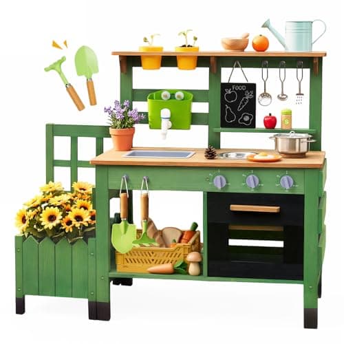 Mud Kitchen for Kids Outdoor, Vintage Mud Kitchen with Planter Box - Includes Rich Gardening Tools & Cooking Accessories, Wooden Kids Play Kitchen with Faucet, Stove, Sink, Oven, Flowerpots