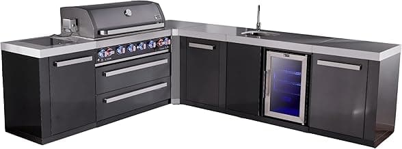 Mont Alpi L-shaped 94"x113" Black Stainless Steel Outdoor Kitchen Island with Refrigerator + Beverage Center