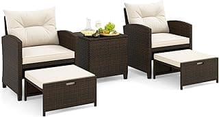 Tangkula 5 Pieces Patio Conversation Set, PE Wicker with 2 Chairs, 2 Ottomans & Glass Table