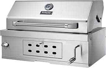 Large Built-In Charcoal BBQ Grill with Liftable Tray, Insulated Hood & Temperature Gauge