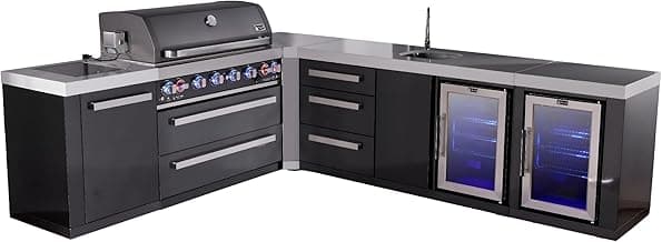 Mont Alpi 94"x113" L-shaped Black Stainless Steel Outdoor Kitchen Island + 2 Refrigerators + Beverage Center