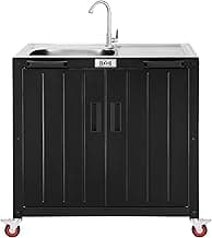 Outdoor Kitchen Island with Stainless Steel Sink and Storage Cabinet, 35-Inch BBQ Prep Station