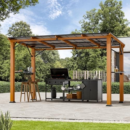 Covered Outdoor Grill Gazebo 6'x12'with Side Shelf, Outdoor Hardtop Gazebo with Bottle Opener & Hooks, Grill Canopy with Sturdy Rustproof Design for Backyard, Garden, Patio,Wood-Looking