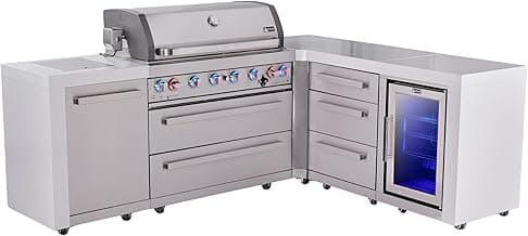 Mont Alpi Deluxe 94"x75" Stainless Steel L-shaped Outdoor Kitchen Island with Refrigerator + 44" 6-Burner BBQ Grill