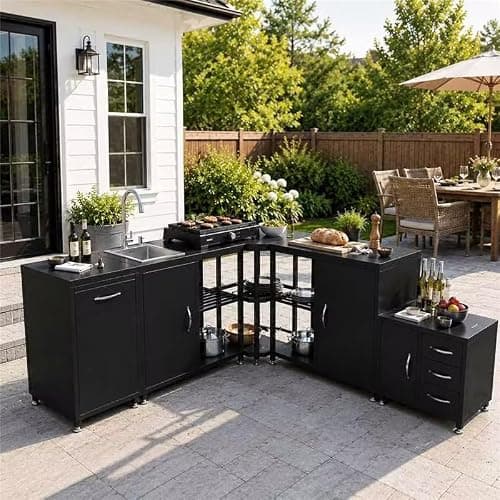EROMMY 5-Piece Modular Outdoor Kitchen Island with Sink, Large Storage Cabinet & Shelf, Pull-Out Trash Drawer and Grill Stand, Outdoor Storage Kitchen Set for BBQ, Deck, Backyard, Black