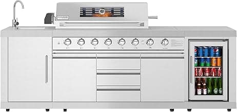 KoolMore Reserve Outdoor Kitchen Island with 6 Burner Grill and Side Burner, Sink, Storage Cabinet and Beverage Refrigerator