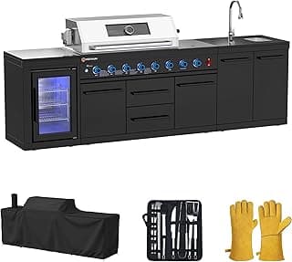 112" All-in-One Outdoor Kitchen, 8-Burner Modular Grill Station, Black SS304 & Black Granite