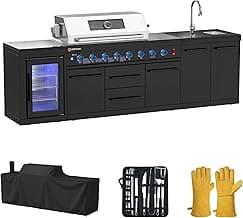 112" All-in-One Outdoor Kitchen, 8-Burner Modular Grill Station, Black SS304 & Black Granite