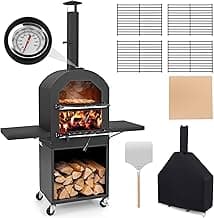 Giantex Pizza Oven Outdoor - Wood Fired with 2 Side Tables, Pizza Stone, Pizza Peel, Cover
