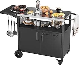 JY QAQA Outdoor Grill Cart with Storage, Patio Kitchen Island with Wheels, BBQ Cart Movable Pizza Oven Table