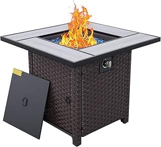 Outdoor Propane Fire Pit, 30 Inch PE Wicker Patio Firepit Table with Fire Glass