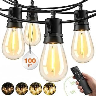 Outdoor String Lights LED Patio 100Ft, Waterproof Dimmable with Remote S14 Bulbs