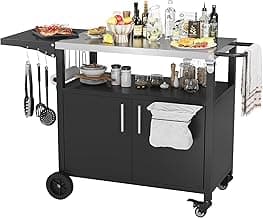 Vongrasig Grill Cart with Storage, Outdoor Bar Cart Rolling BBQ with Foldable Stainless Steel Top