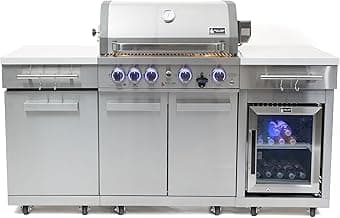 Mont Alpi Premium 70" Stainless Steel Compact Outdoor Kitchen Island with Refrigerator + 32" 4-Burner BBQ Grill