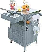 Solid Wood Outdoor Grill Cart with Folding Stainless Steel Top, Rolling Kitchen Storage Island