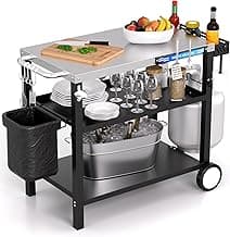 Grill Table, Stainless Steel Grill Cart with Three-Shelf, Movable Pizza Oven Table with Side Tray