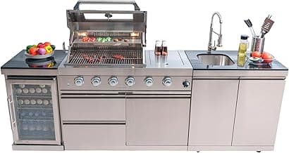 Modular Outdoor Kitchen BBQ Island, 104" Propane Gas Island Grill with Sink and Refrigerator