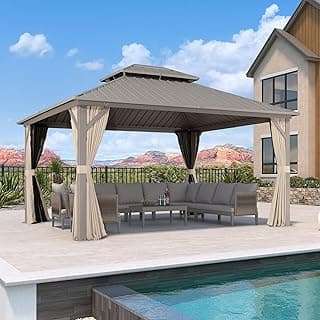 PURPLE LEAF 12' x 14' Outdoor Hardtop Gazebo, Champagne Aluminum with Galvanized Steel Double Roof