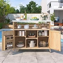 Outdoor Kitchen Rolling Bar Cart with Storage, Farmhouse Solid Wood with Stainless Steel Top