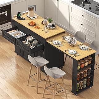 80"-48" Extendable Kitchen Island with Extended Dining Table and Power Outlet