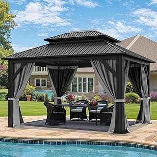YITAHOME 12x14ft Hardtop Gazebo with Nettings and Curtains, Heavy Duty Double Roof Galvanized Steel