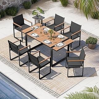 Outdoor Dining Set, HDPS + Aluminum Patio Table and Chairs Set for 6 with Umbrella Hole