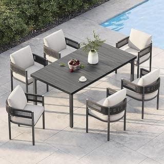 Grand patio Outdoor Dining Set for 6, Metal Woven Wicker Fixed Chairs with Thick Cushions