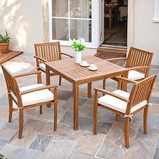 Flamaker 5 Piece Outdoor Dining Set Acacia Wood Patio Table and Chairs with Soft Cushions