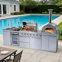 112-Inch Stainless Steel Outdoor Kitchen Island, Natural Gas BBQ Grill with Side Burner Pizza Oven