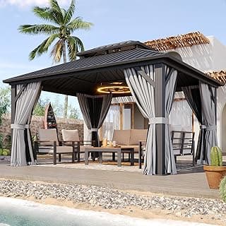 Aoxun 10x12 Gazebo Hardtop with Double Galvanized Steel Roof, Pavilion with Netting and Curtains