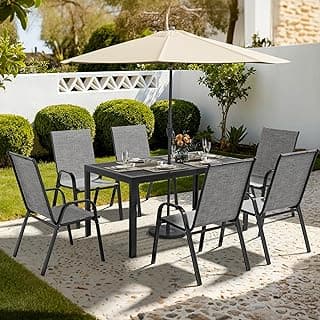 Pamapic Outdoor Dining Sets for 6, Rectangular Steel Slat Table with 6 Textilene Chairs