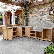 Hitow 15 x 7.4 feet Solid Cedar Outdoor Kitchen Cabinet Set with Stainless-Steel Sink and Countertop