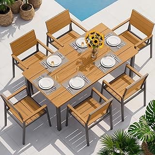 Aluminum Outdoor Dining Set for 6, HDPS Patio Table and Chairs with Umbrella Hole