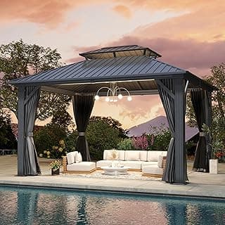 12'x14' Hardtop Gazebo, Outdoor Double Roof Galvanized Steel Gazebo, Aluminum Frame with Curtains & Netting