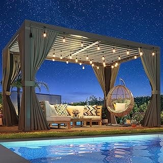 10x12 FT Louvered Pergola, Aluminum with Adjustable Roof, Hardtop Gazebo with Curtains & Netting