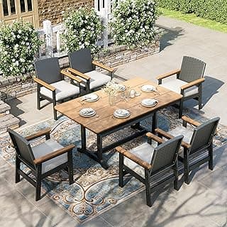 HERA'S HOUSE Patio Table and Chairs Set 7-Piece, HDPE All-Weather Wood Grain with Cushions