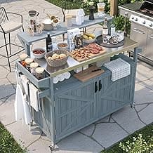 53.3" Outdoor Kitchen Island with Stainless Steel Top, Rolling Grill Cart with Adjustable Shelves