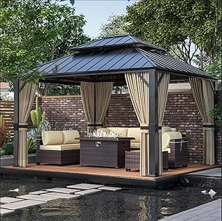 12x14ft Hardtop Gazebo Double Roof, Outdoor Pavilion with 2-Layer Hard Top Galvanized Iron Frame